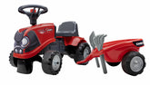 Tractor Falk Case rosu cu trailer, lopata si grebla