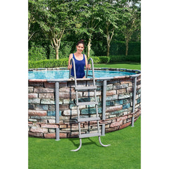 Piscina Bestway Power Steel rotunda cu cadru metalic, 4.27x1.22m, finisaj decorativ elegant, model piatra, scara si pompa de filtrare