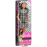 PAPUSA BARBIE FASHIONISTA CU ROCHIE CU IMPRIMEU CU SORICEI SI PAR BRUNET LUNG