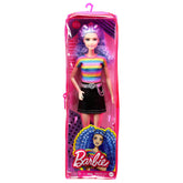 PAPUSA BARBIE FASHIONISTA CU PARUL MOV TRICOU MULTICOLOR SI FUSTA NEAGRA
