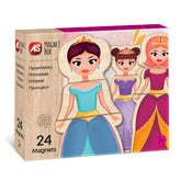 CUTIE UNIVERSUL PRINTESELOR CU 24 PIESE DIN LEMN SI MAGNETICE