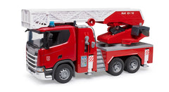 Camion de pompieri Bruder - Scania Super 560R, cu scara, pompa de apa si sirena, 1:16 03591