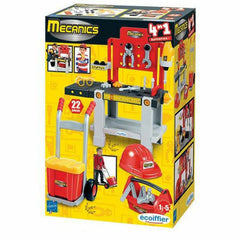 Set Ecoiffier Mecanic 4 in 1 cu Banc de Lucru, Trusa de Scule, Carucior si Casca de Protectie