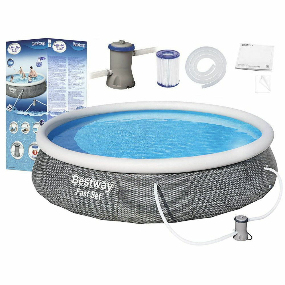 Piscina rotunda cu inel Bestway Fast Set 396x84 cm, 7 in 1, toate accesoriile incluse