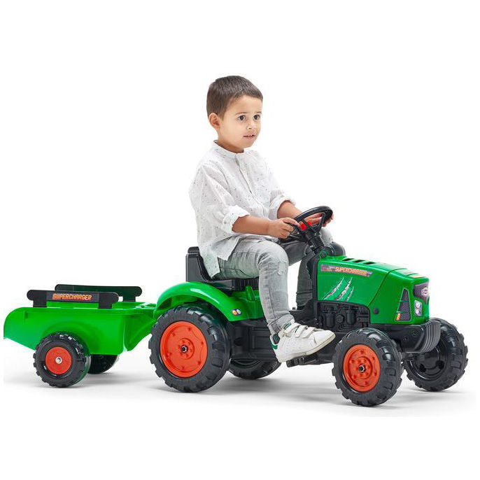 Tractor Falk pentru copii, cu pedale si remorca, verde 2031AB