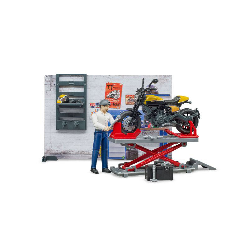 Atelier de reparatii motociclete Bruder bworld cu motocicleta Scrambler Ducati 62102