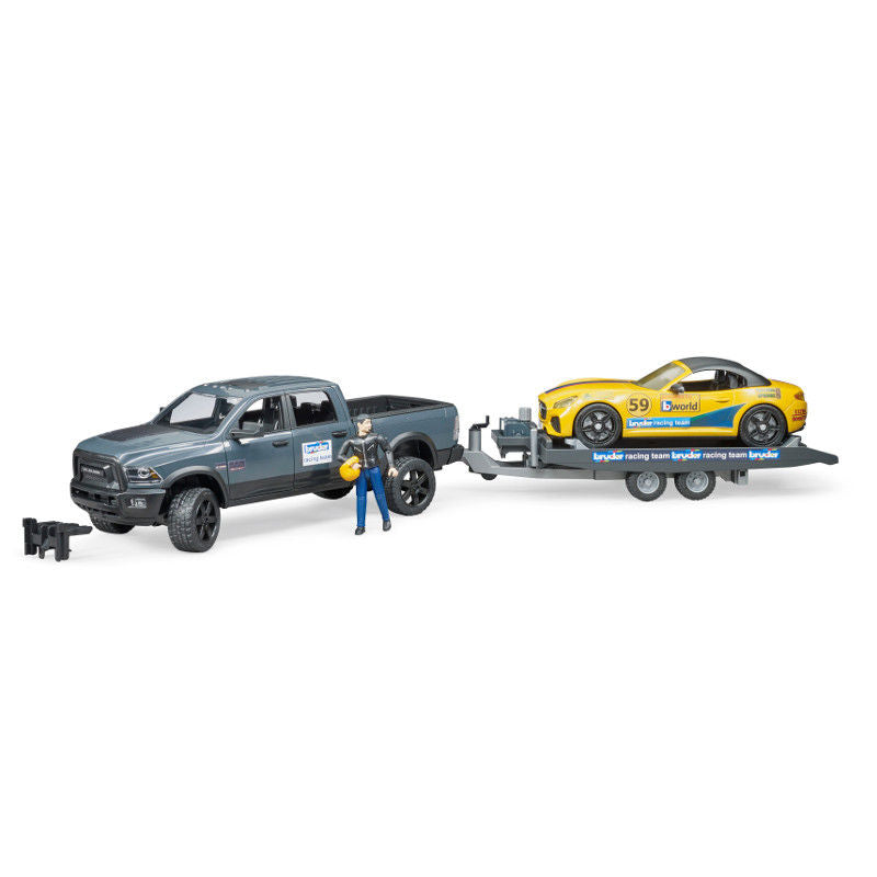 Bruder RAM 2500 Power Wagon cu remorcă pentru transport auto 02504