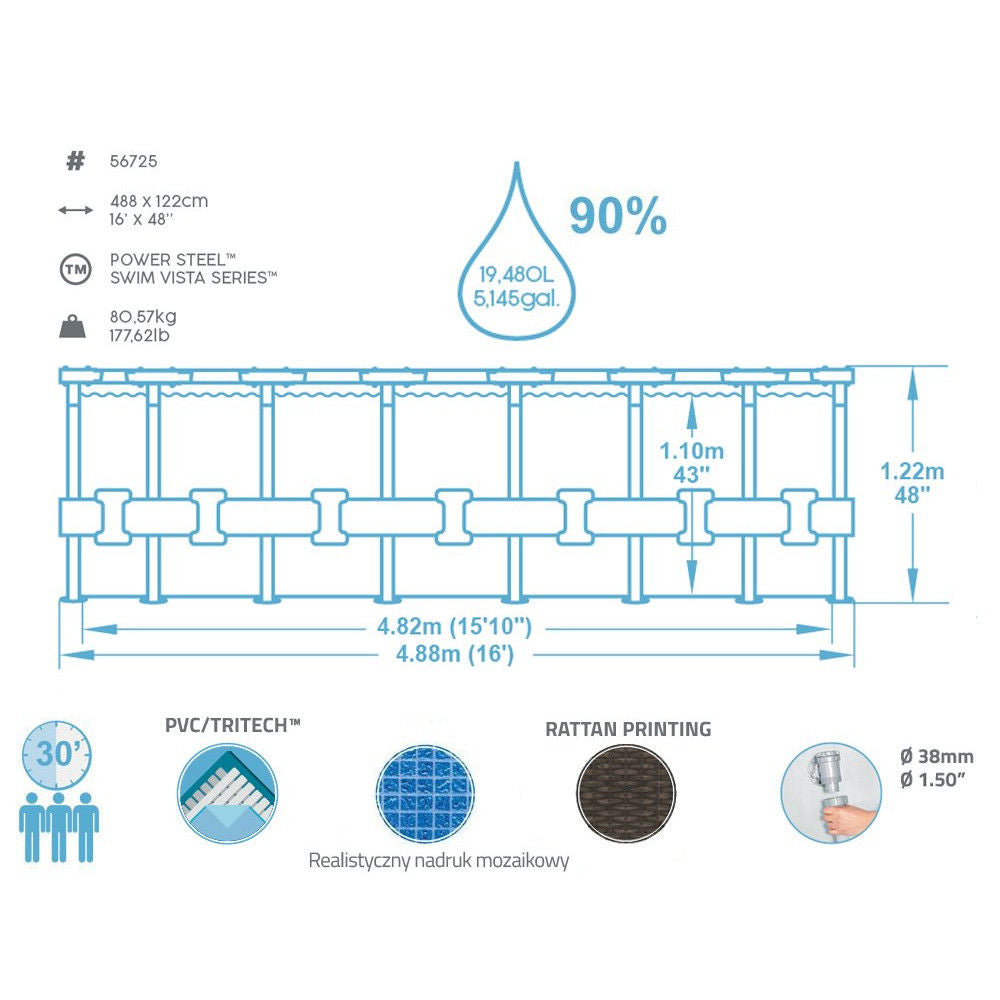 Piscina rotunda cu cadru metalic Bestway Power Steel Vista 488x122cm, 56725