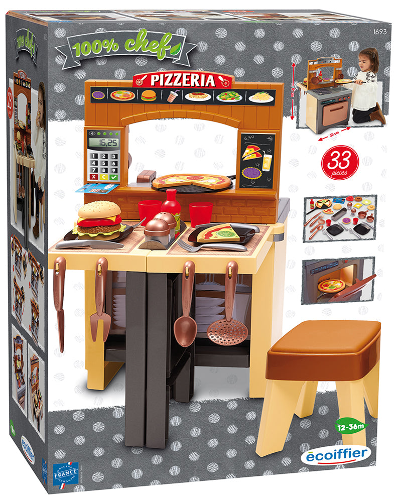 Bucatarie cu pizza, Pizzeria Ecoiffier reglabila cu doua fete, scaunel si 33 accesorii, 1693