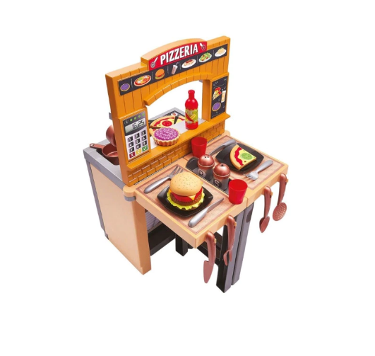 Bucatarie cu pizza, Pizzeria Ecoiffier reglabila cu doua fete, scaunel si 33 accesorii, 1693
