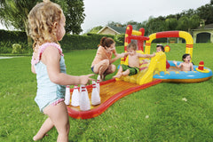 Centru de joaca gonflabil Soda Summer pentru copii, cu piscina, topogan, cos de baschet gonflabil, popice gonflabile, inele gonflabile pentru joaca, bile gonflabile multicolore, 53068