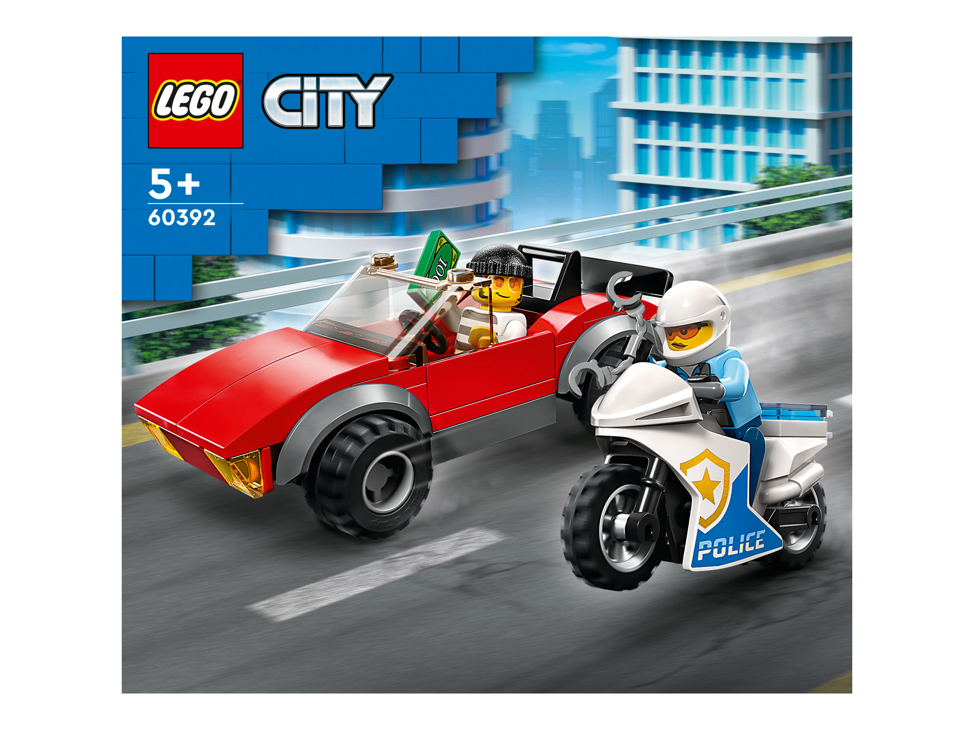 LEGO® City - Politist pe motocicleta in urmarirea unei masini 60392, 59 piese