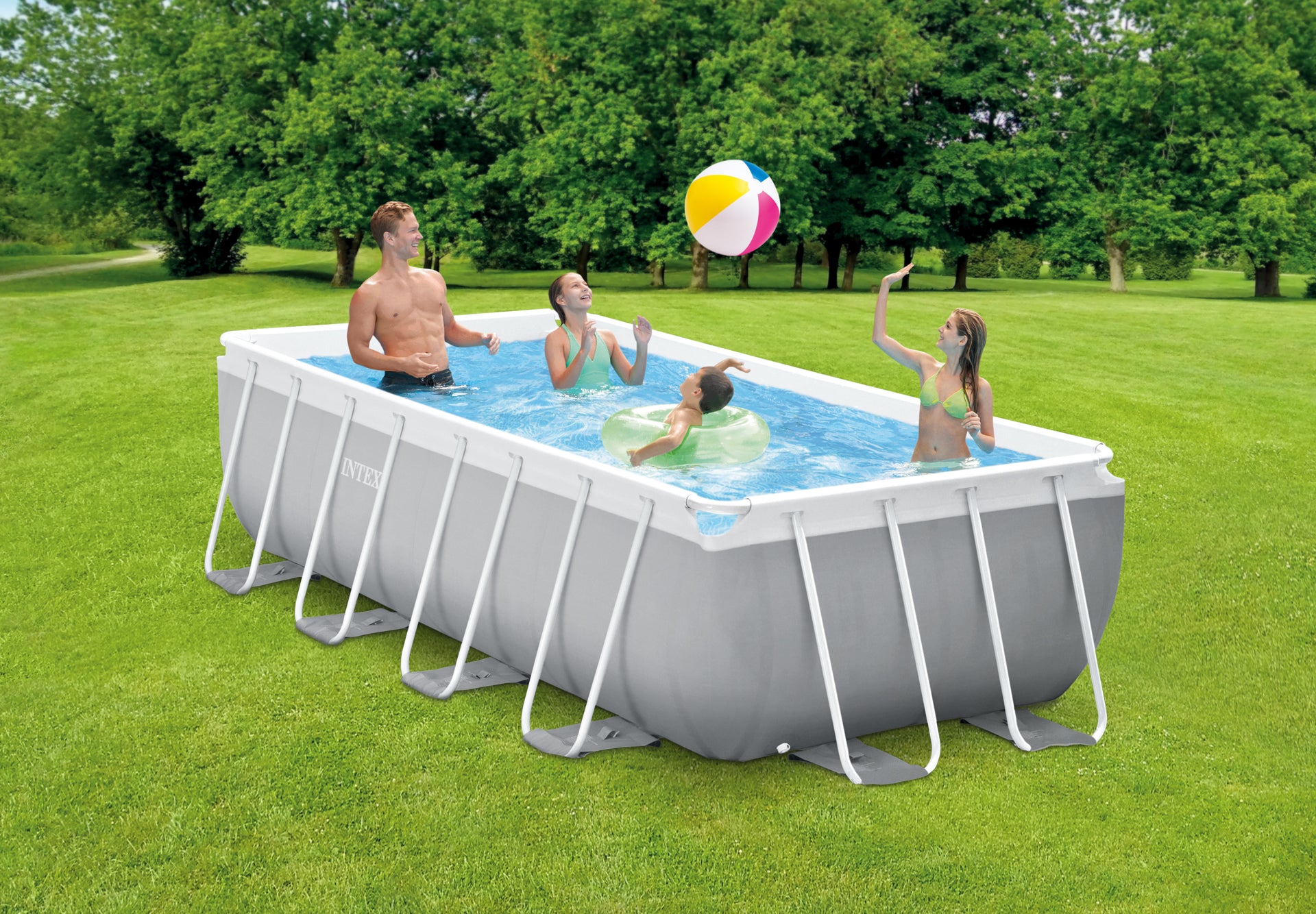 Piscina Intex Prism Frame, pompa de filtrare, scara si prelata protectie incluse, 4.88m x 2.44m x 107cm, IX26792