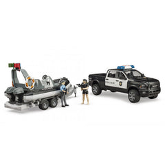 Masinuta Bruder RAM de politie cu barca si 2 figurine, 02507