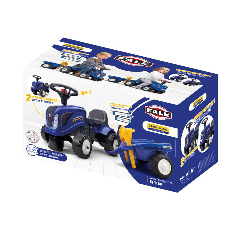 Tractor Baby New Holland cu remorca, grebla si lopata, albastru, FK 280C
