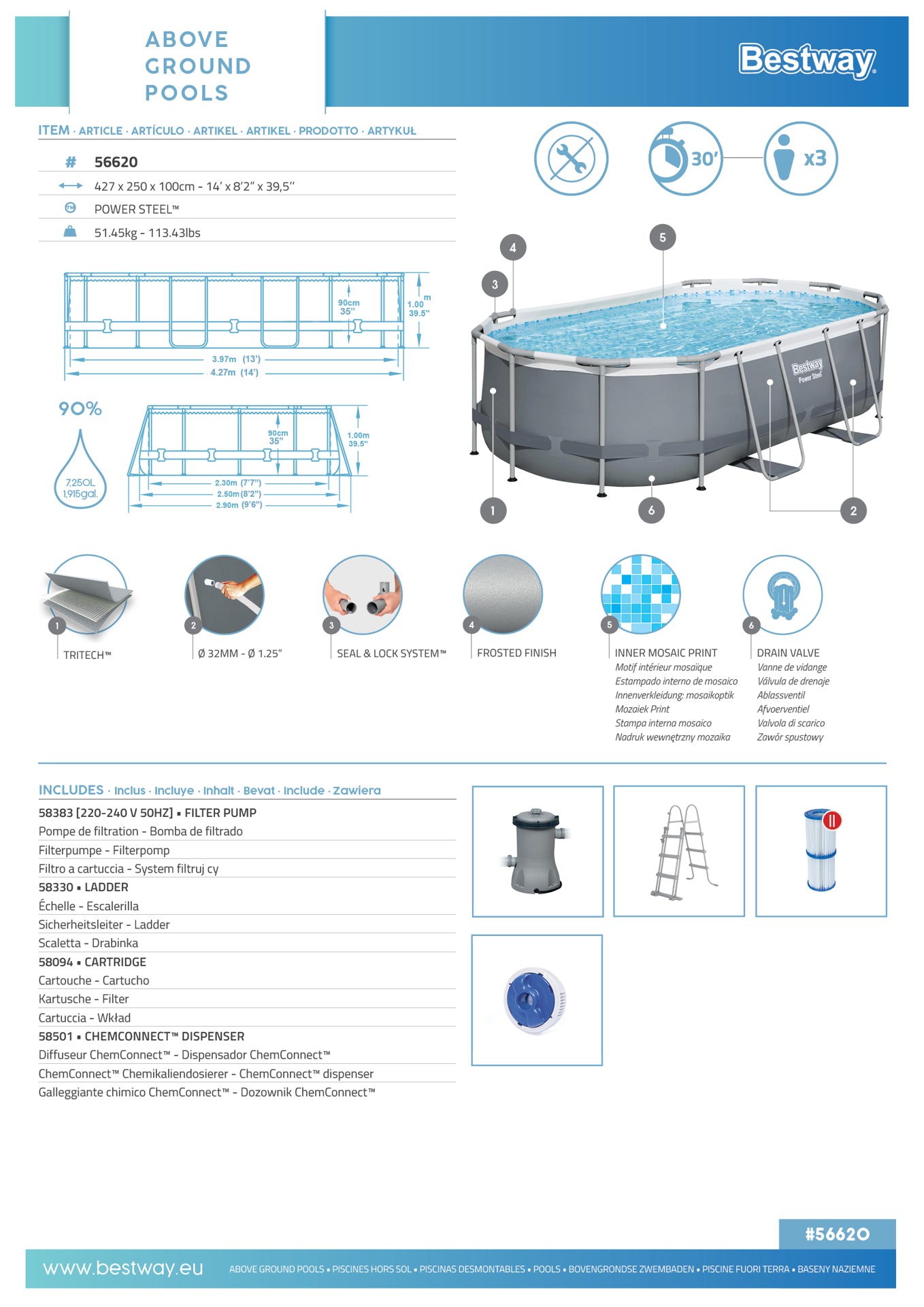 Piscina Ovala cu Filtru Bestway Power Steel 4.27m x 2.50m x 1.00m, 56620