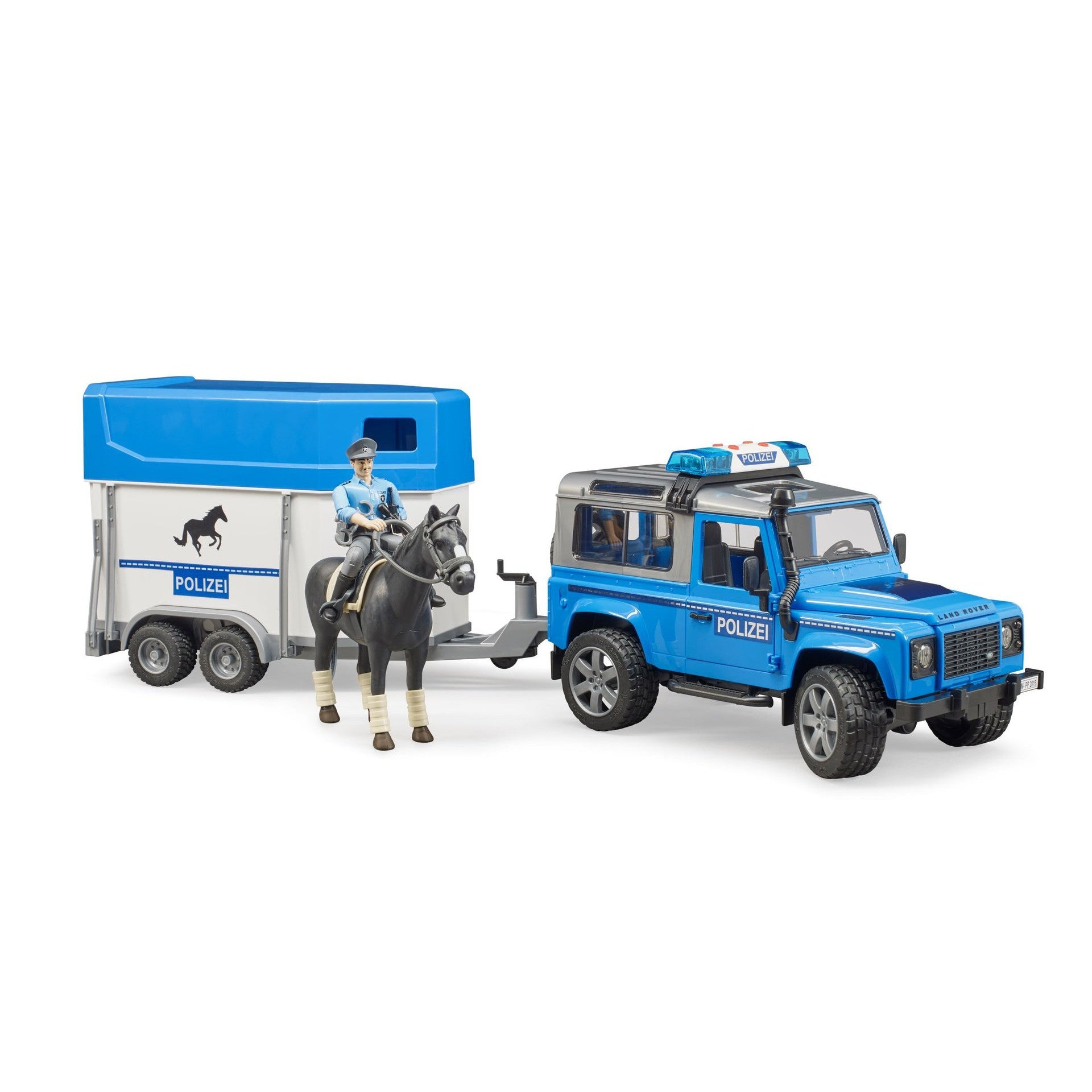 Masina de Politie Bruder Emergency - Land Rover Defender cu Remorca, Politist si Cal, 02588