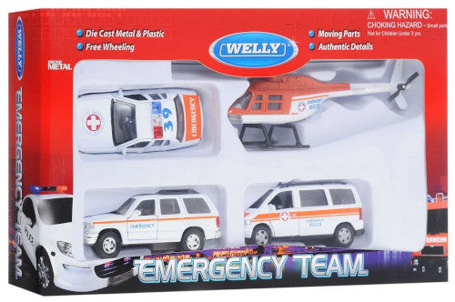 Set Masinute Welly 1:64 Emergency Team- Ambulanta 4 buc, W98160-4GK-AMB