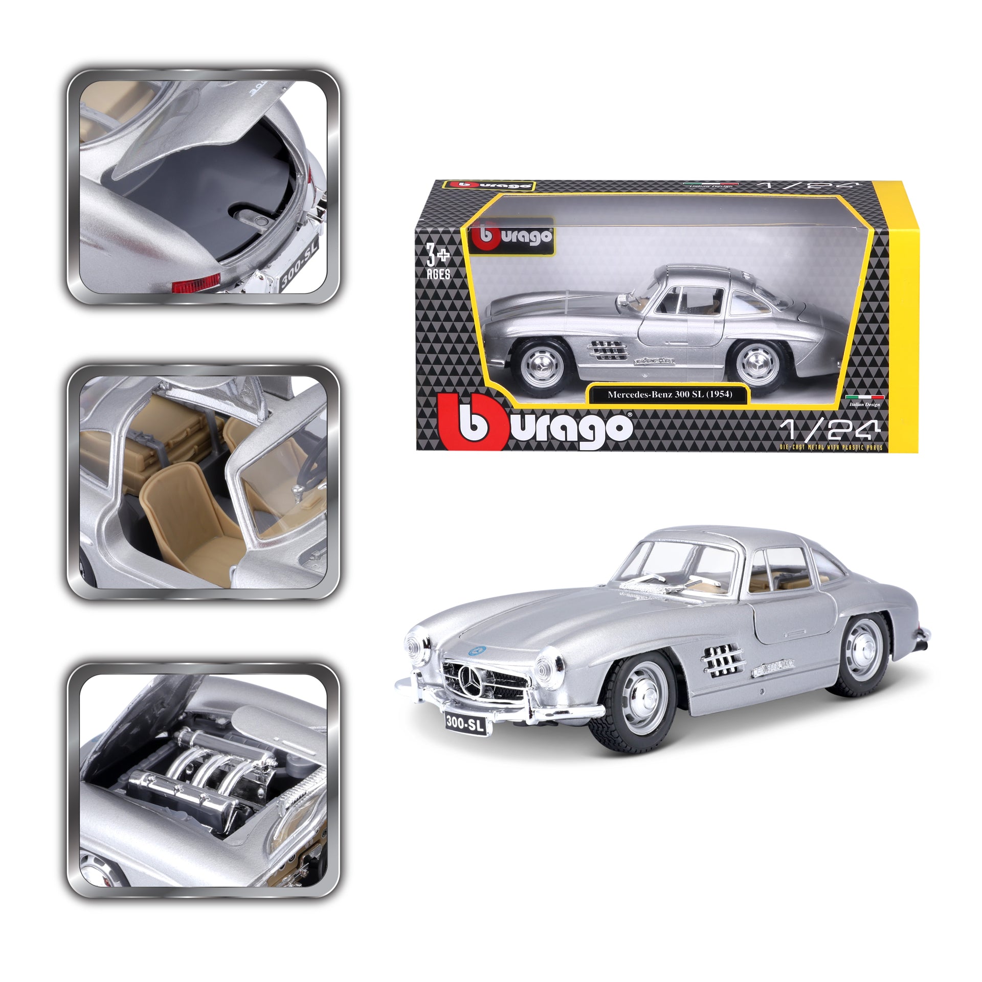 Macheta Masinuta  Bburago 1:24 Mercedes Benz 300SL 1954 Argintiu, BB20001B-22023