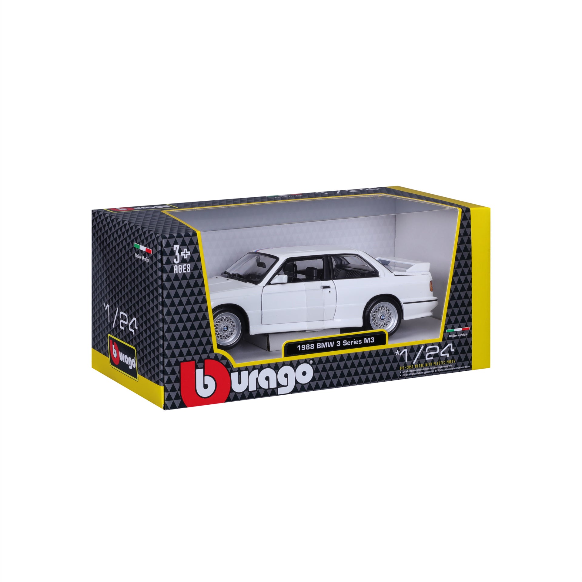 Macheta Masinuta Bburago 1:24 1988 BMW 3 Series M3 Alb cu Dunga, BB20001A-21100