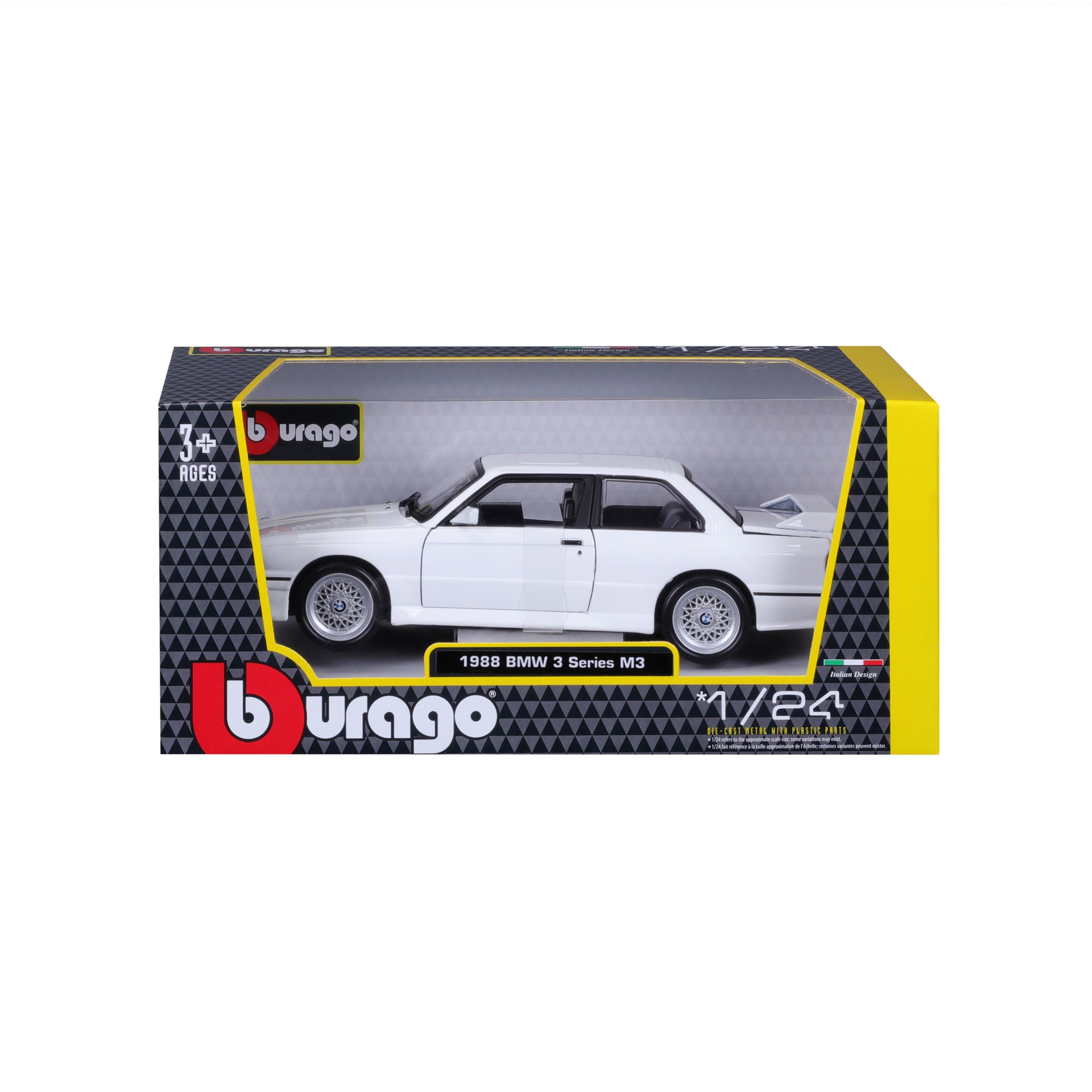 Macheta Masinuta Bburago 1:24 1988 BMW 3 Series M3 Alb cu Dunga, BB20001A-21100