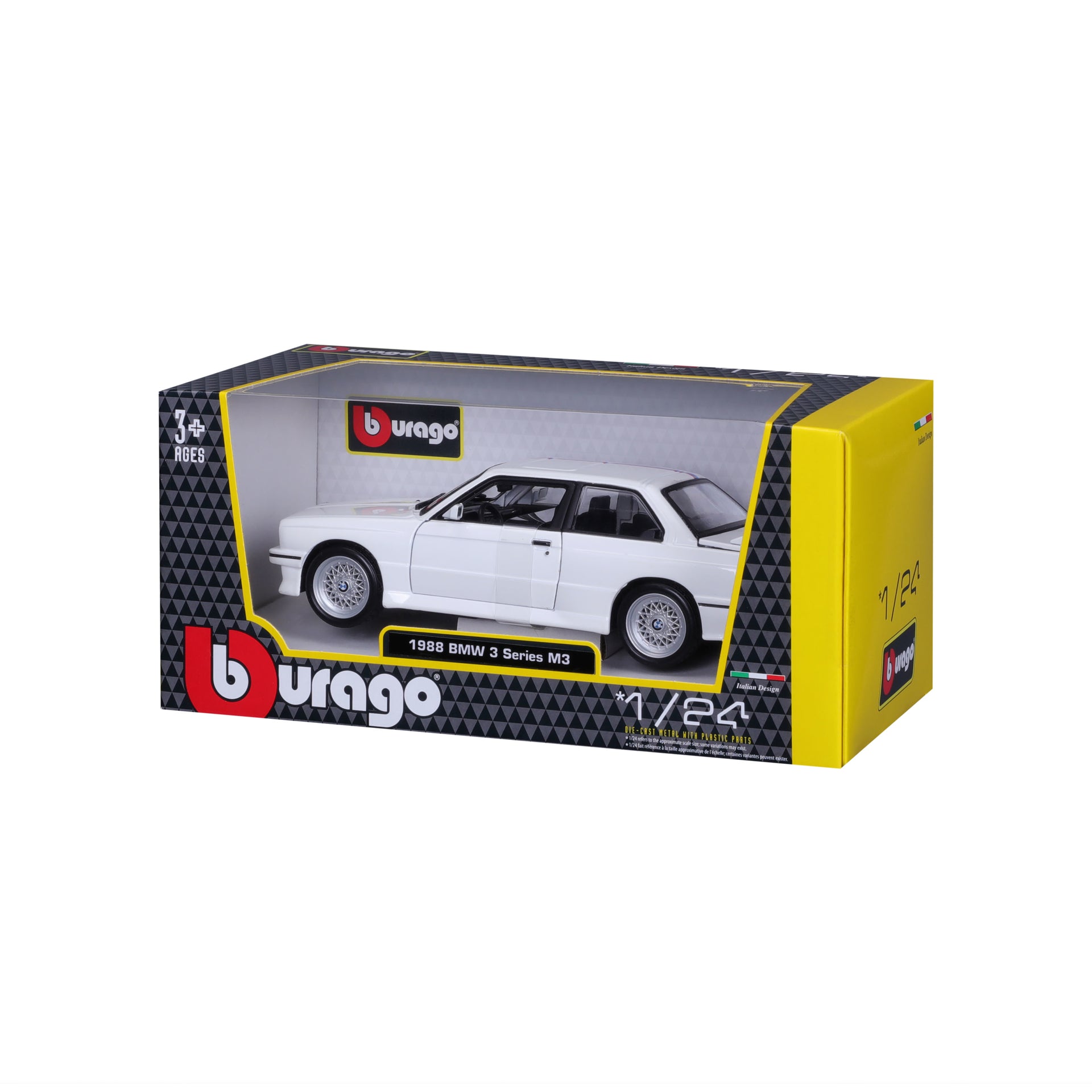 Macheta Masinuta Bburago 1:24 1988 BMW 3 Series M3 Alb cu Dunga, BB20001A-21100