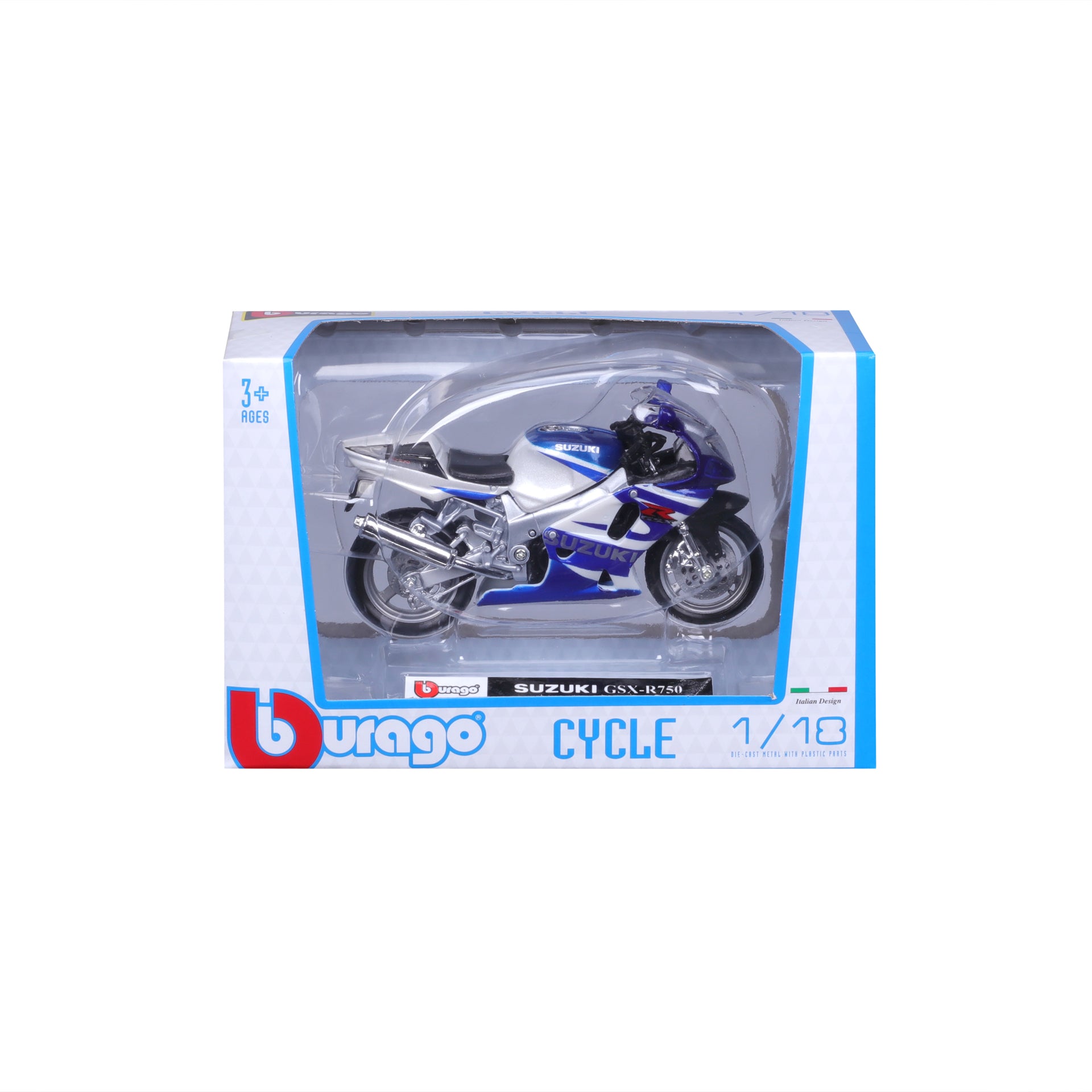 Macheta Motocicleta Bburago 1:18 Suzuki GSX-R750 Alb/Albastru, BB51030-51008