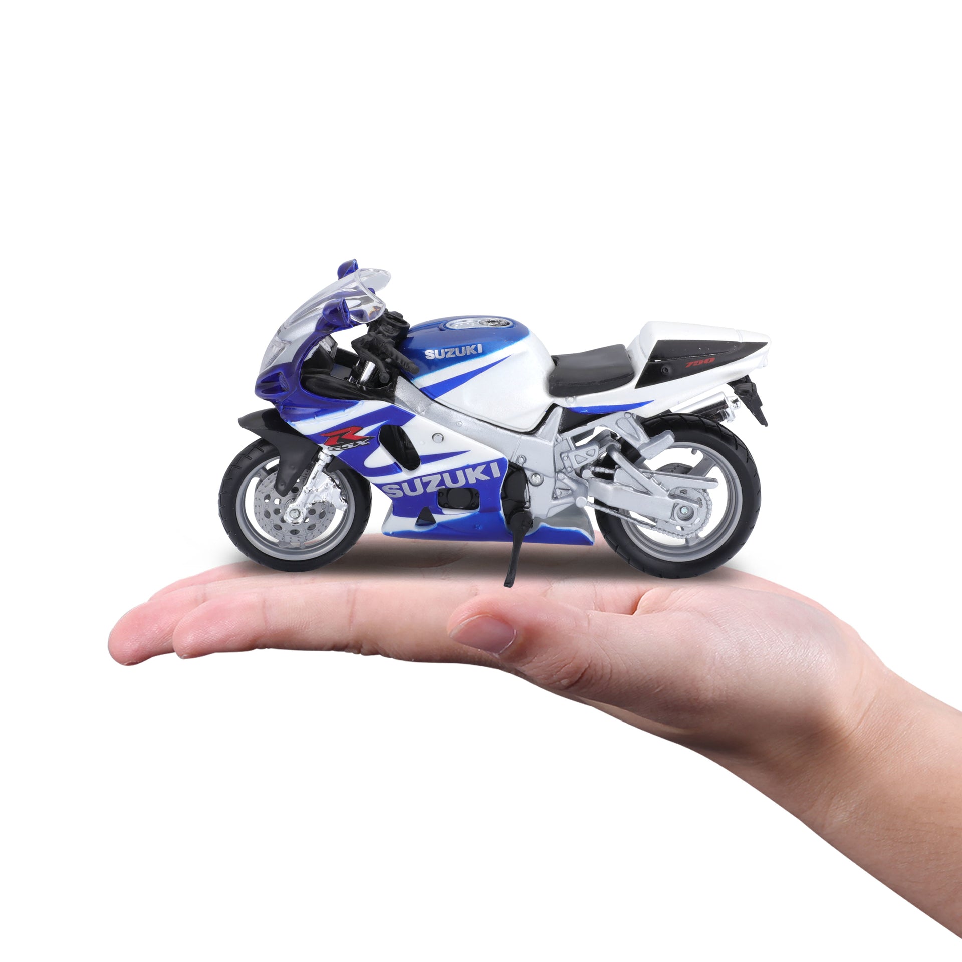 Macheta Motocicleta Bburago 1:18 Suzuki GSX-R750 Alb/Albastru, BB51030-51008