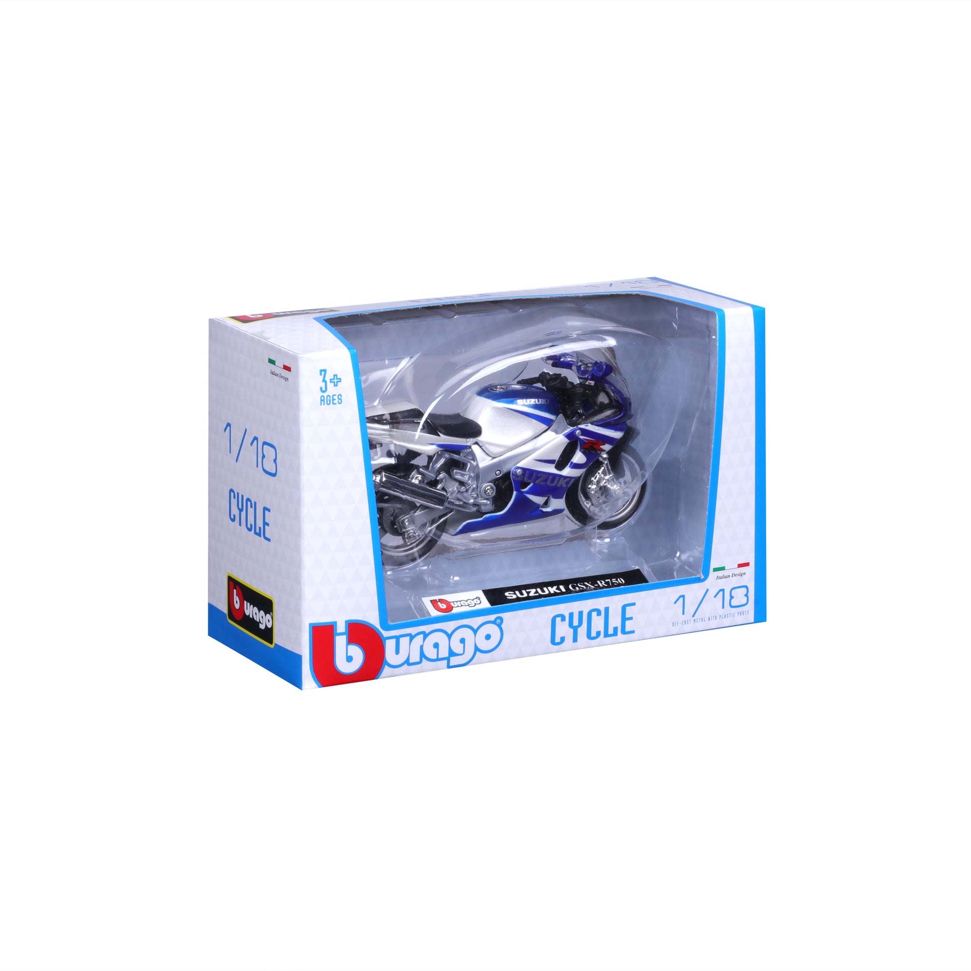 Macheta Motocicleta Bburago 1:18 Suzuki GSX-R750 Alb/Albastru, BB51030-51008