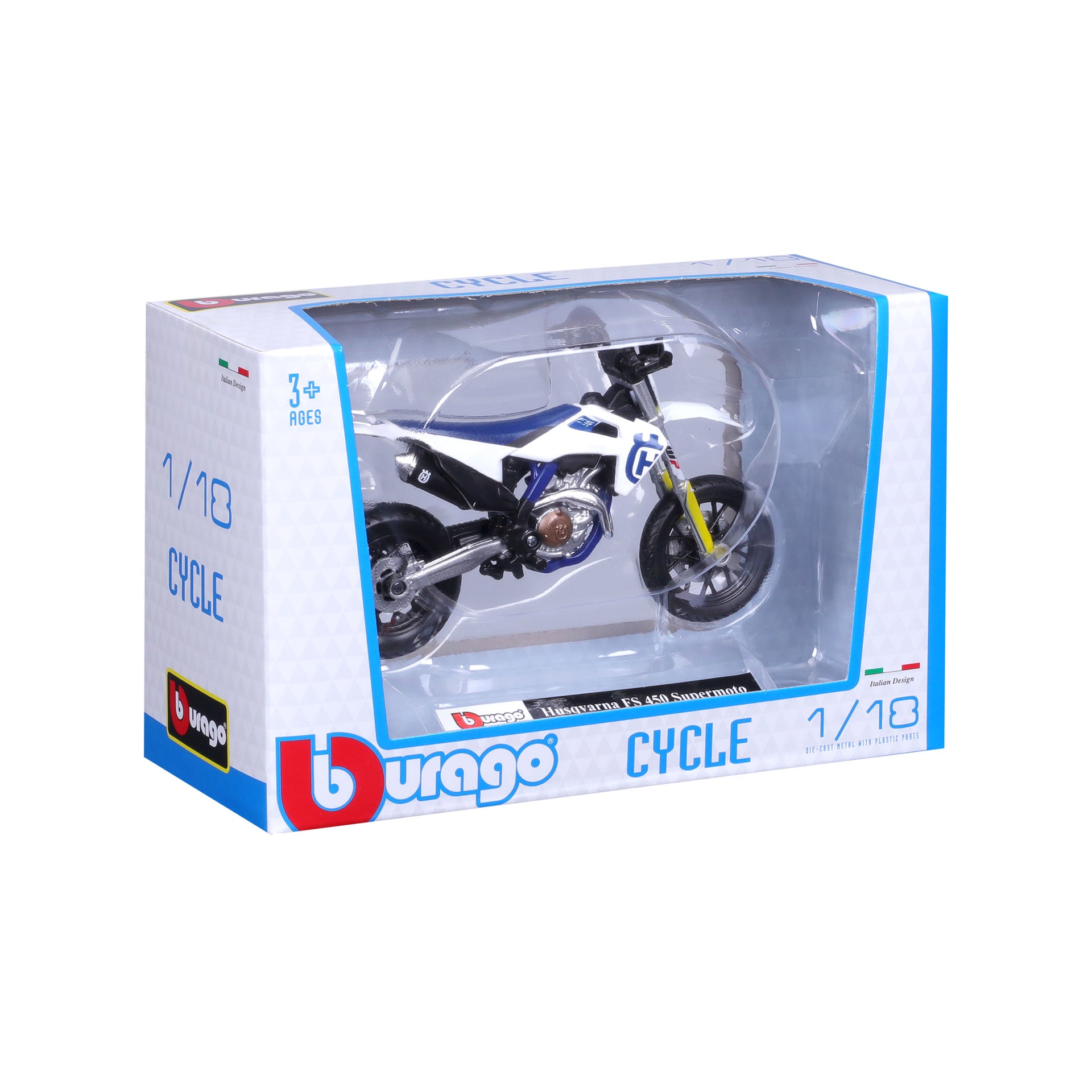 Macheta Motocicleta Bburago 1:18 Husqvarna FS 450 Supermoto Alb, BB51030-51087