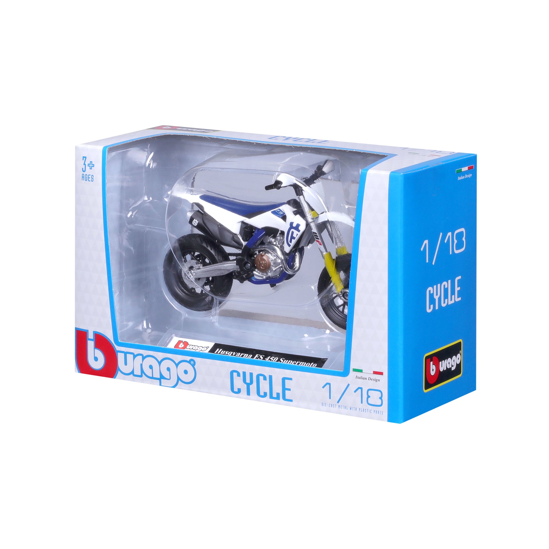 Macheta Motocicleta Bburago 1:18 Husqvarna FS 450 Supermoto Alb, BB51030-51087