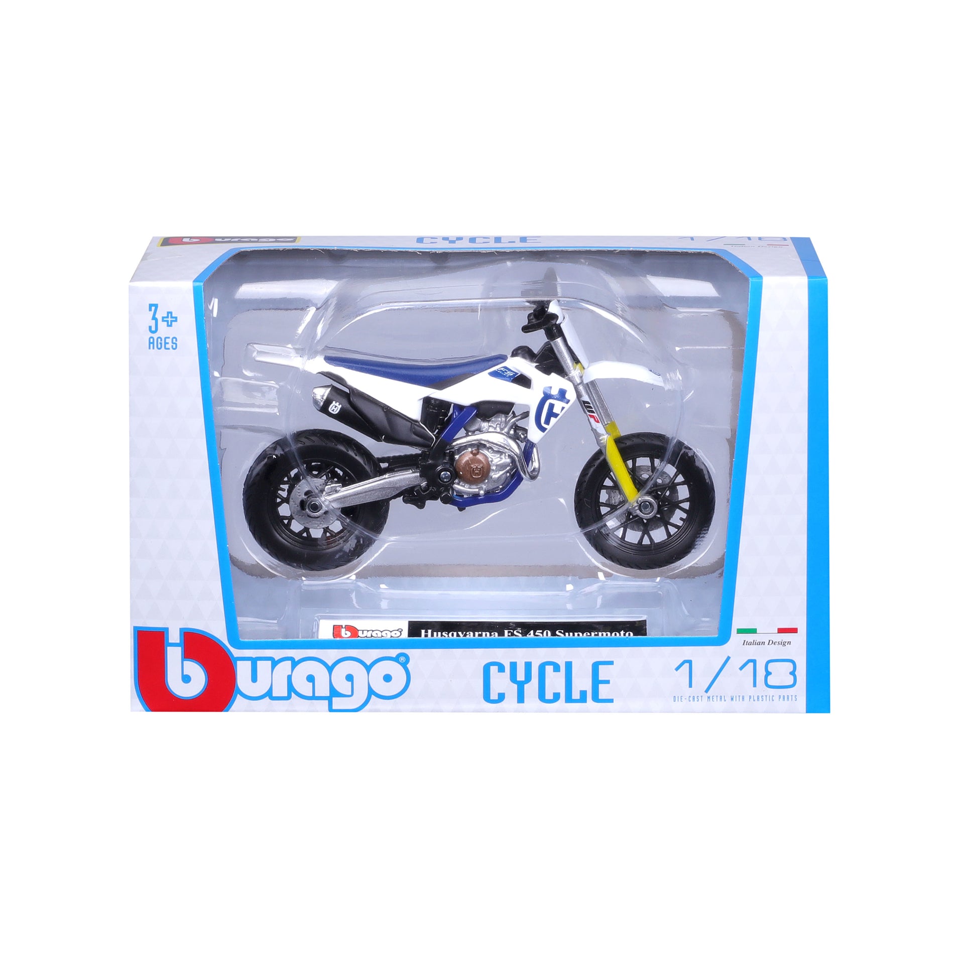 Macheta Motocicleta Bburago 1:18 Husqvarna FS 450 Supermoto Alb, BB51030-51087