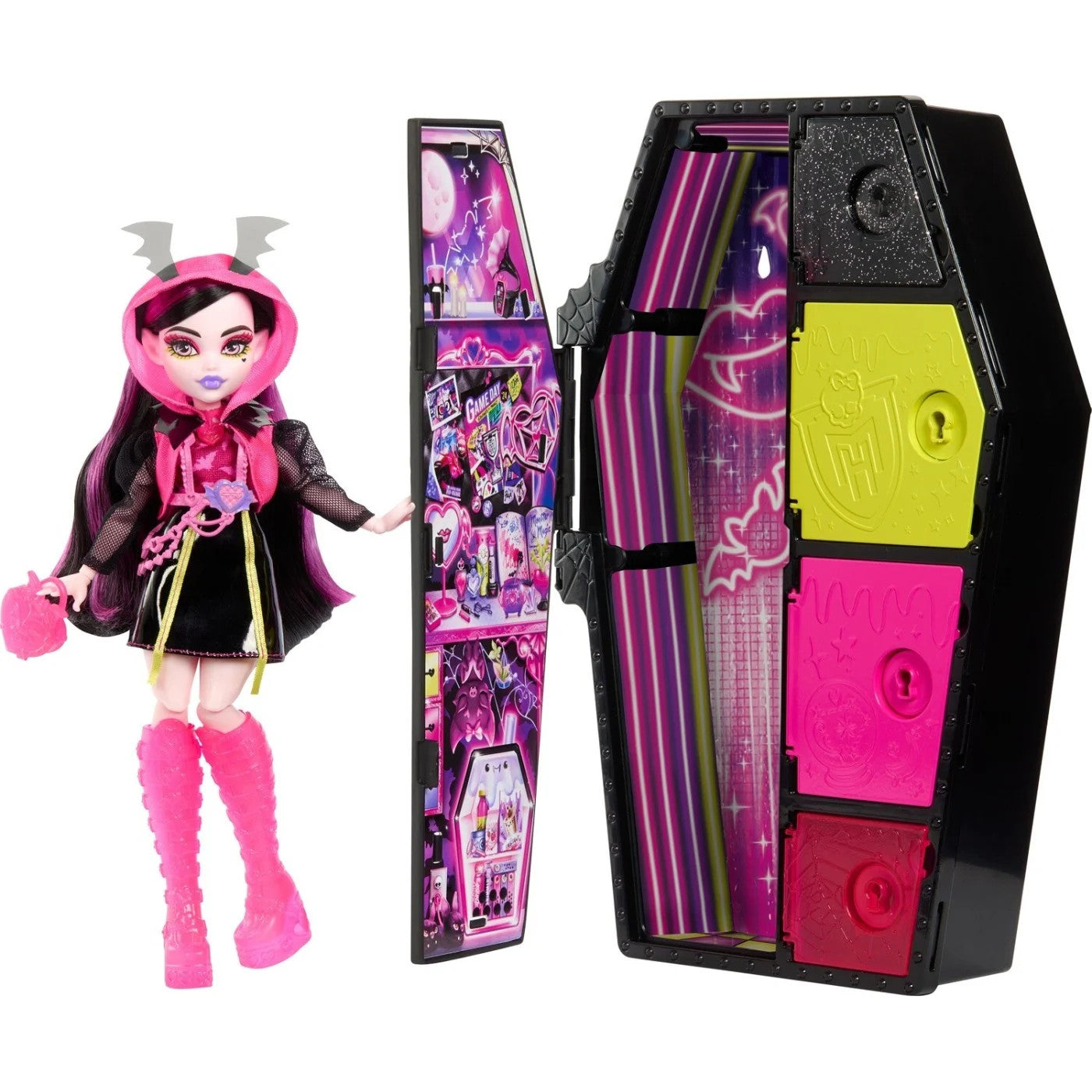 Papusa Monster High Skulltimate Secrets Neon Frights Draculaura- Secrete in Dulap, MTHNF78