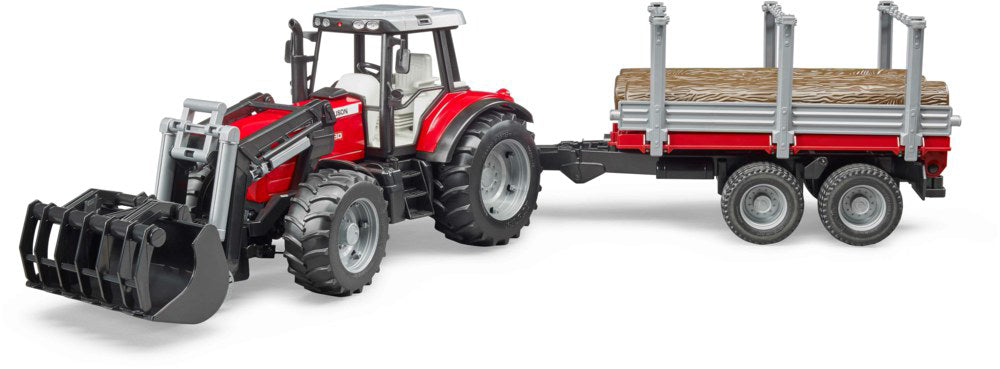 Tractor Bruder Massey Ferguson 7480, cu Incarcator Frontal si Remorca pentru Lemne, BR02046