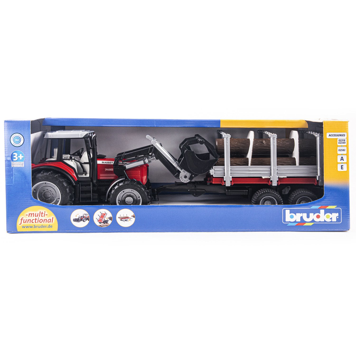 Tractor Bruder Massey Ferguson 7480, cu Incarcator Frontal si Remorca pentru Lemne, BR02046