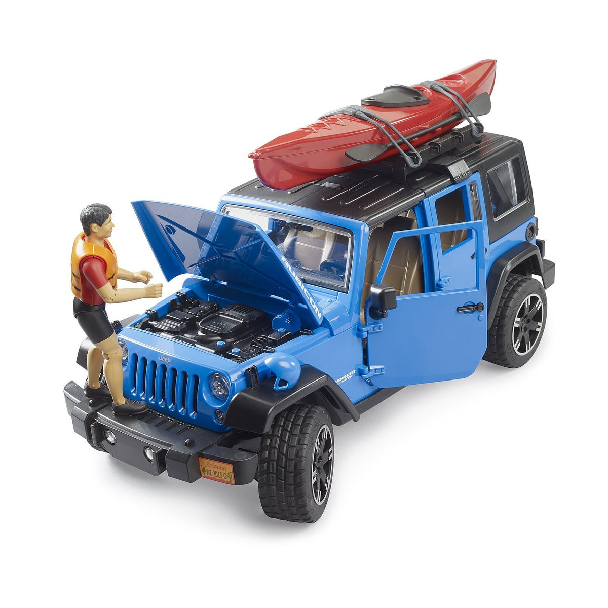 Masinuta Bruder Jeep Wrangler Rubicon Unlimited cu Caiac si Figurina, BR02529