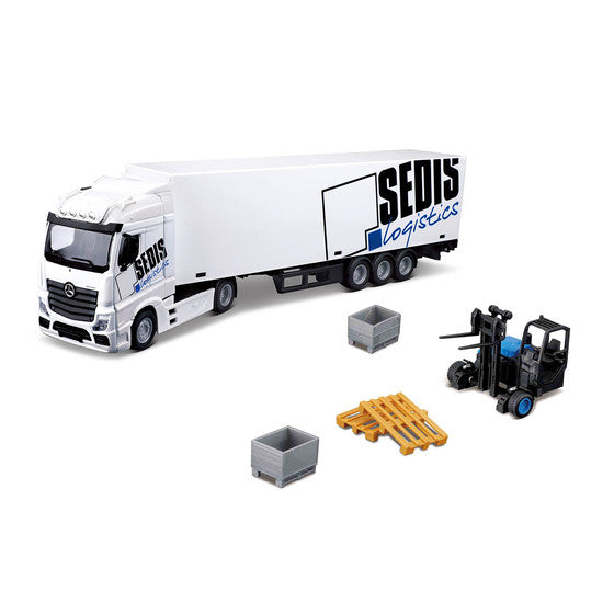 Macheta Bburago 1:43 Camion Mercedes Actros Sedis Logistics cu Stivuitor, BB31471