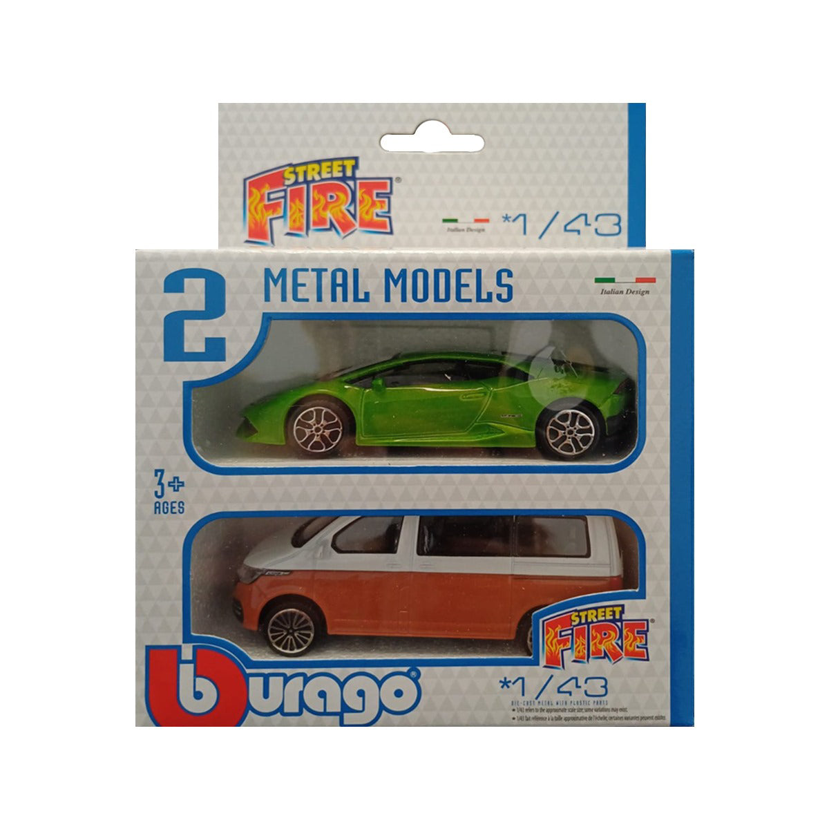 Set 2 Machete Masini Bburago 1:43 Street Fire Lamborghini Huracan Coupe Verde-Volkswagen T6.1 Transporter Alb/Portocaliu, BB30002-30290-30434