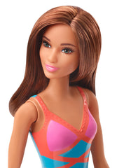 PAPUSA BARBIE SATENA CU COSTUM DE BAIE ROSU-ALBASTRU