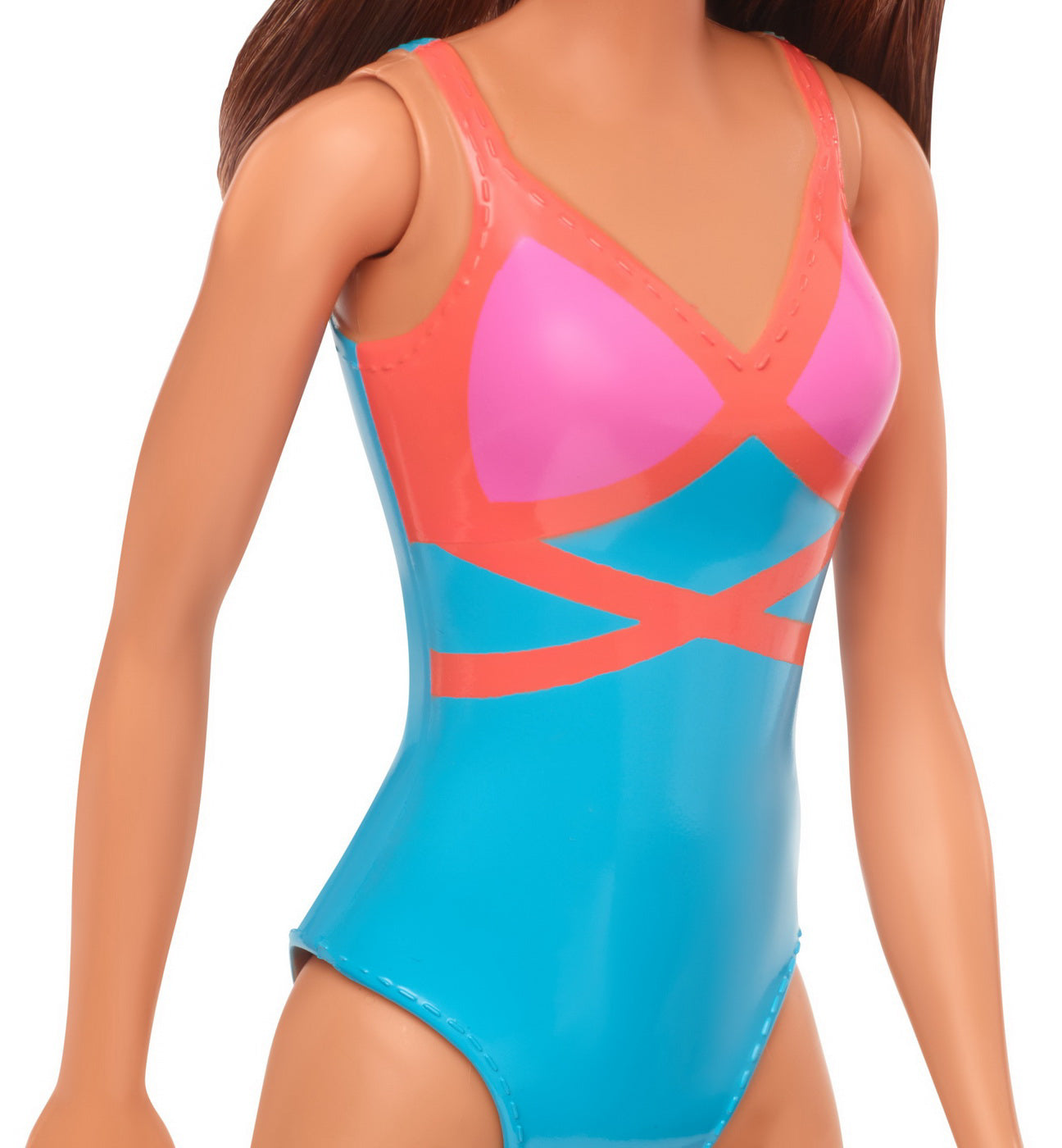 PAPUSA BARBIE SATENA CU COSTUM DE BAIE ROSU-ALBASTRU