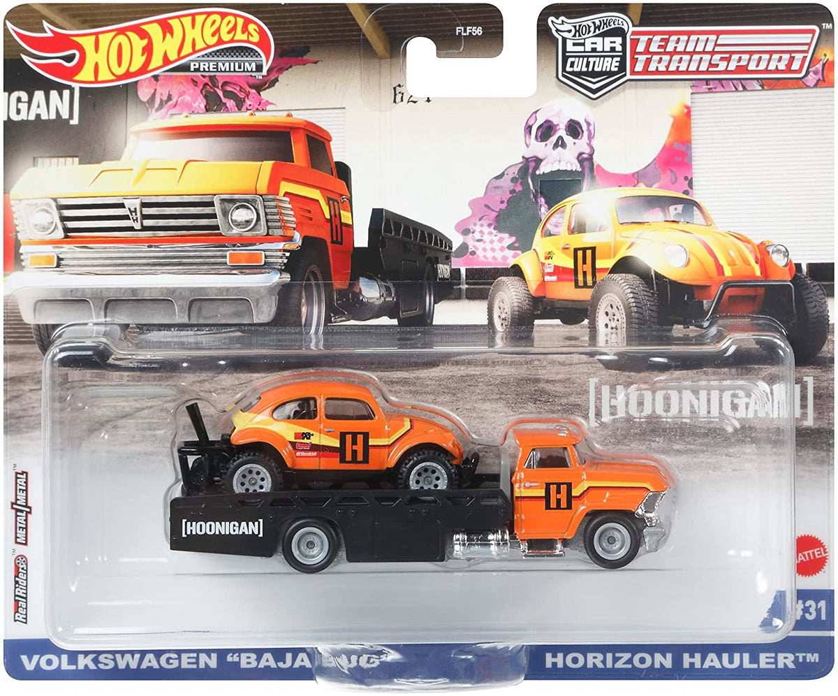 HOT WHEELS TRANSPORTATOR HORIZONT HAULER CU MASINUTA VOLKSWAGEN BAJA BUG SCARA 1:64