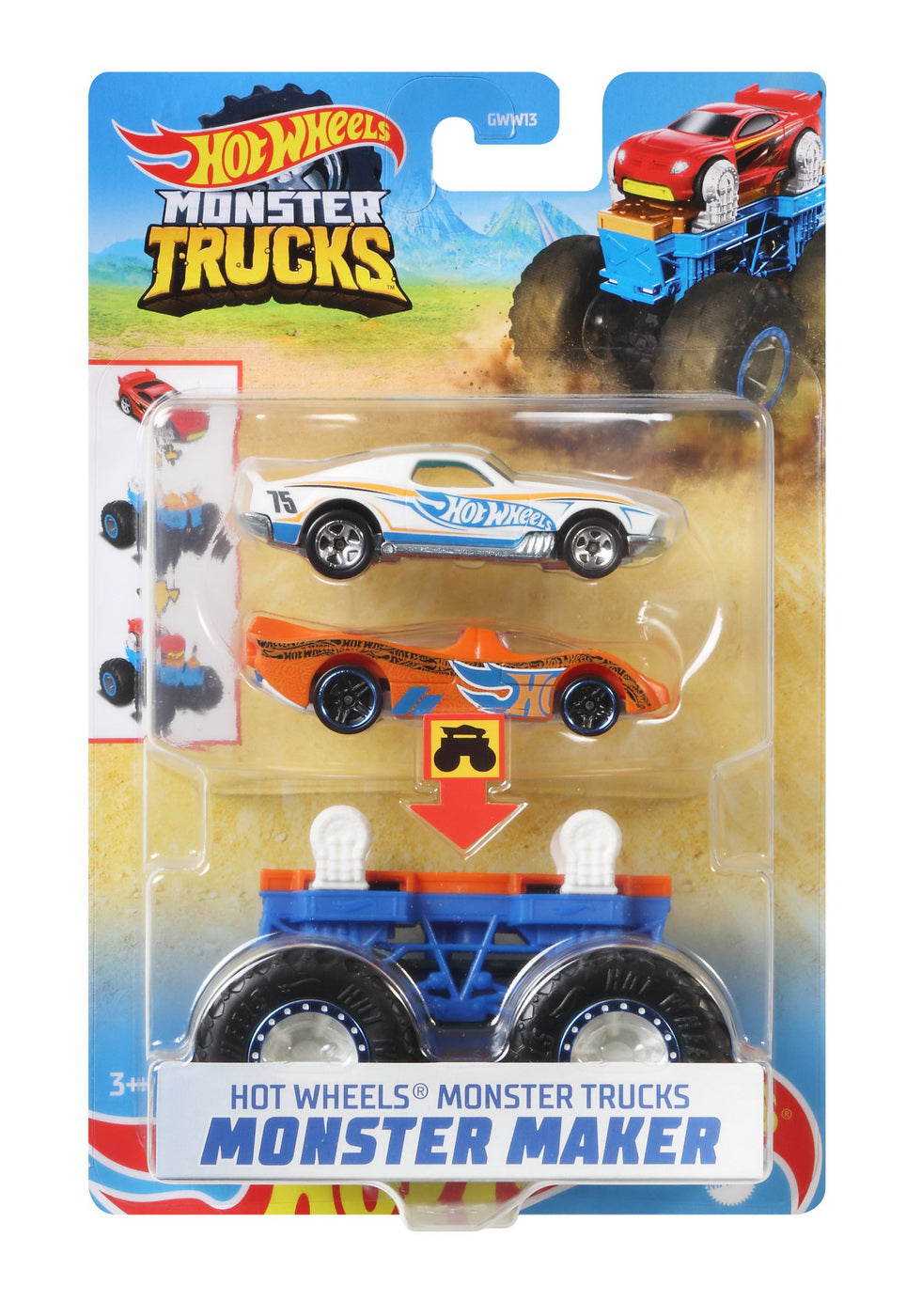 HOT WHEELS MONSTER TRUCK CU MASINUTE ALB SI PORTOCALIU