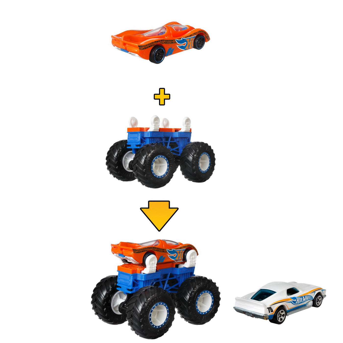 HOT WHEELS MONSTER TRUCK CU MASINUTE ALB SI PORTOCALIU