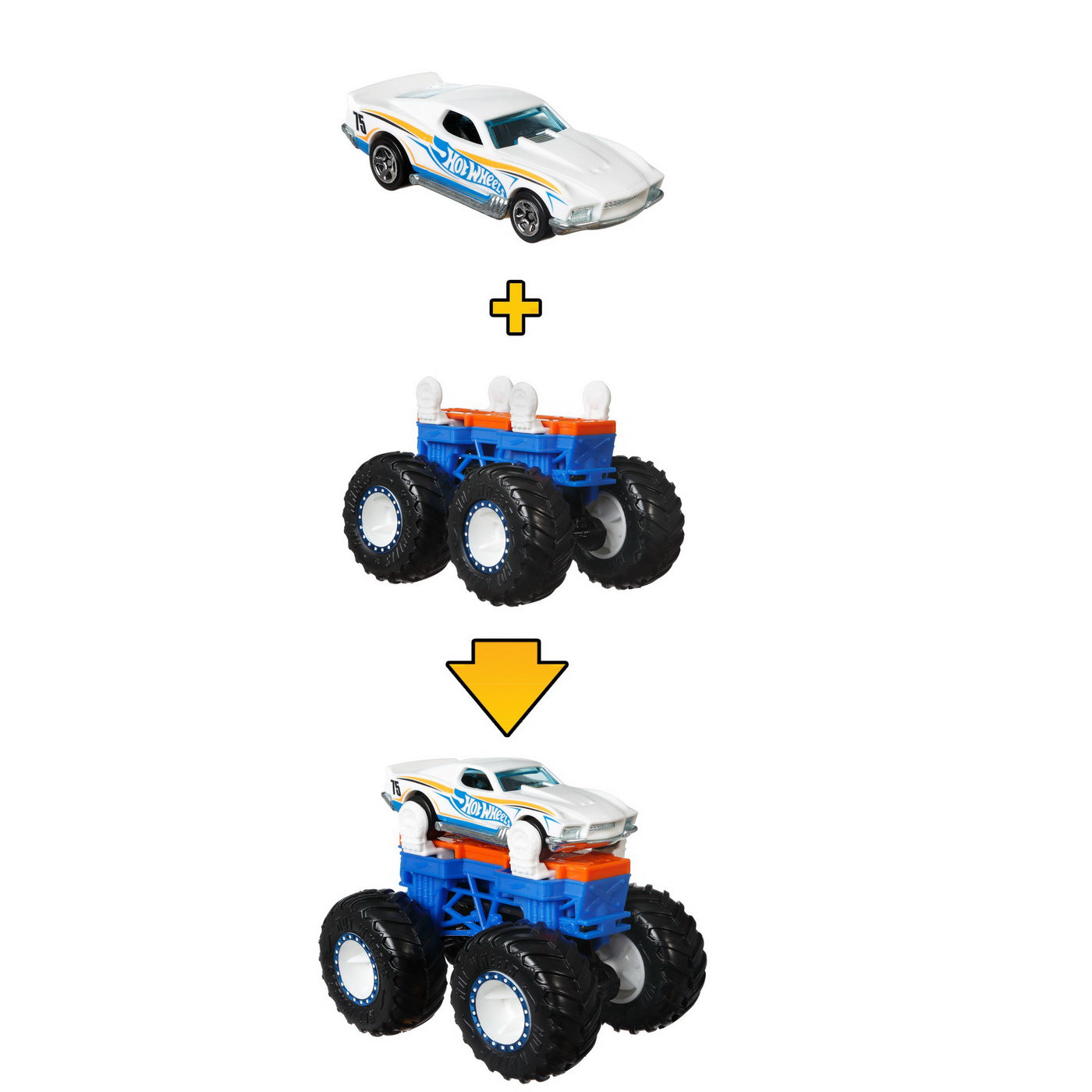HOT WHEELS MONSTER TRUCK CU MASINUTE ALB SI PORTOCALIU