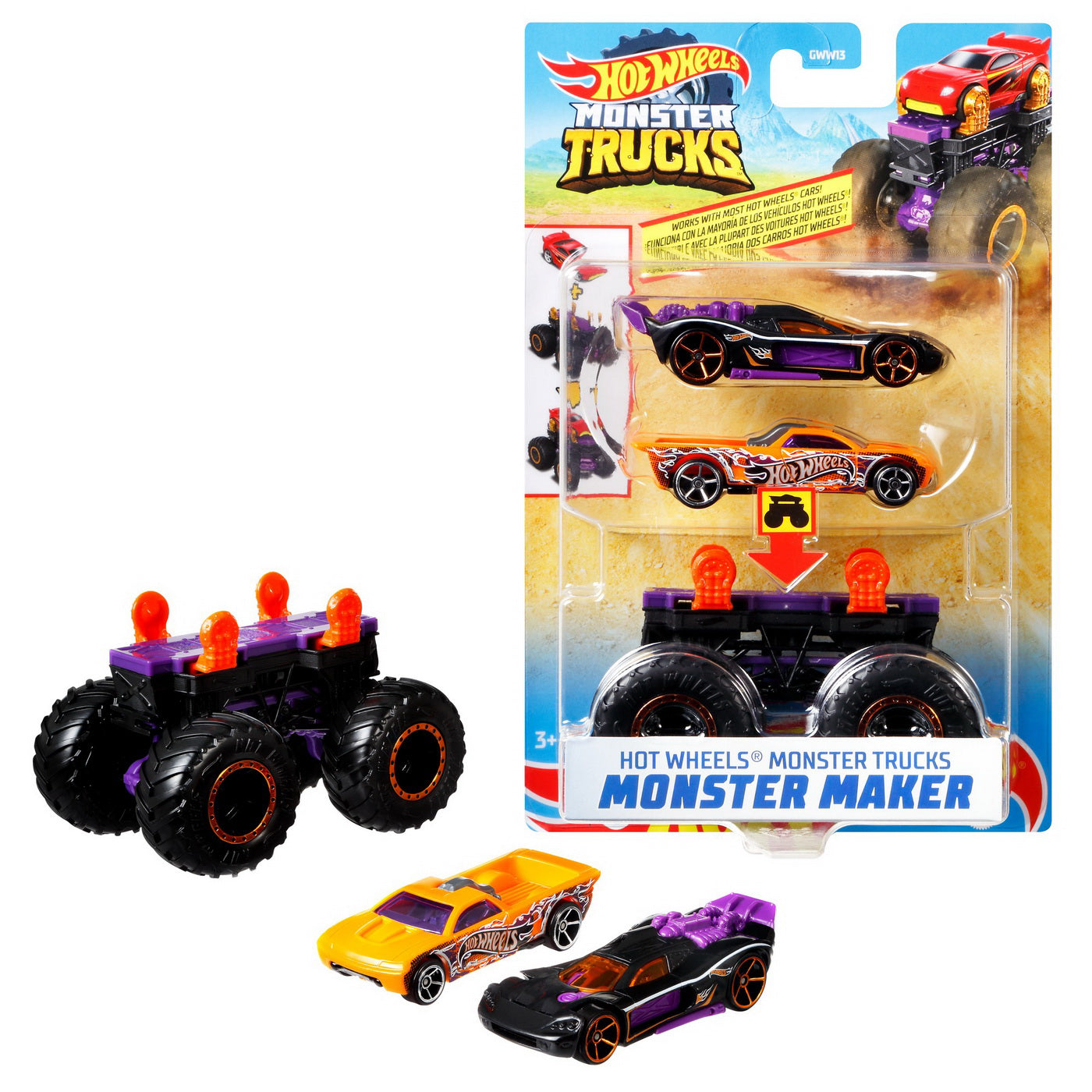HOT WHEELS MONSTER TRUCK CU MASINUTE MOV SI PORTOCALIU