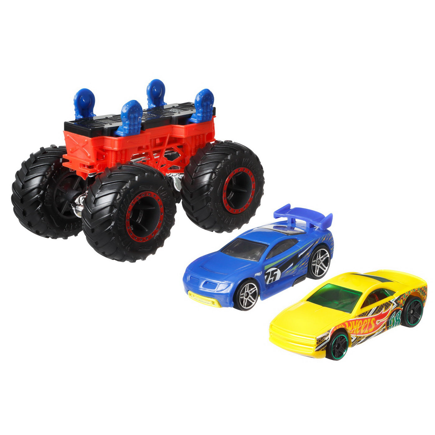 HOT WHEELS MONSTER TRUCK CU MASINUTE GALBEN SI ALBASTRU