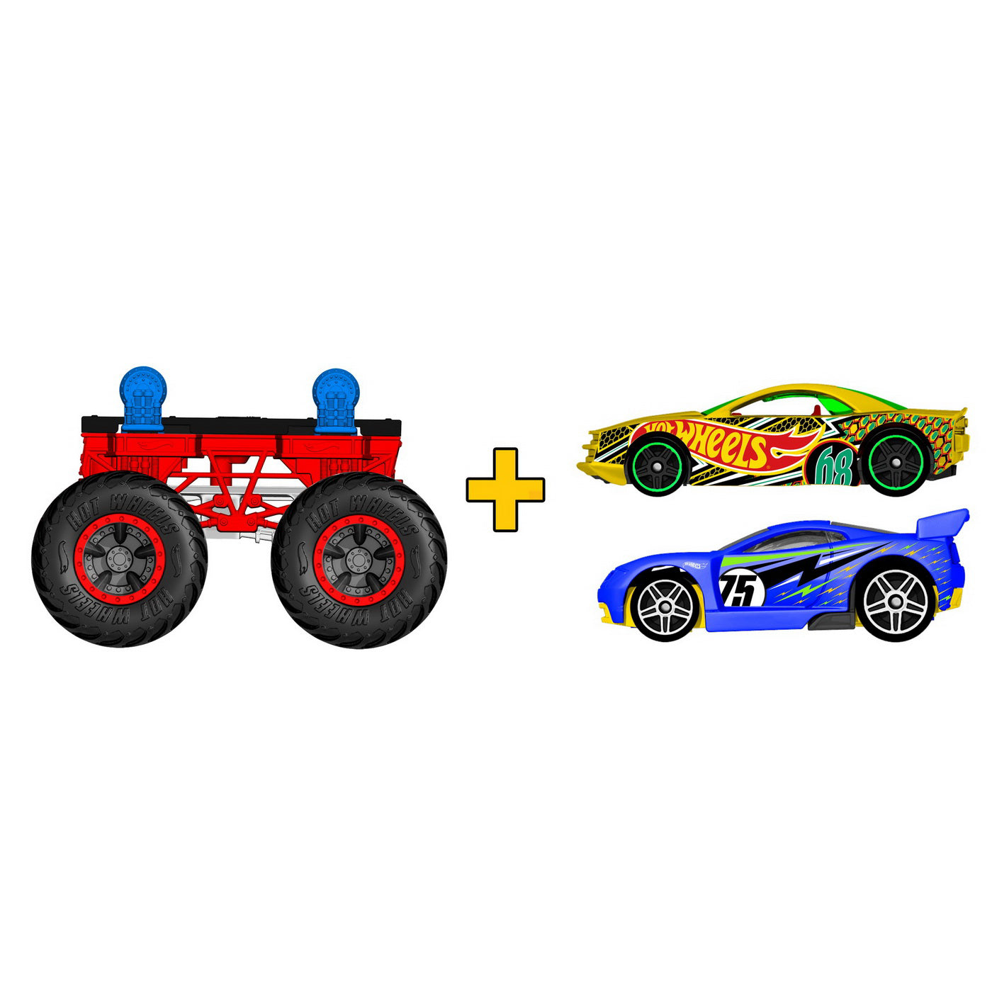 HOT WHEELS MONSTER TRUCK CU MASINUTE GALBEN SI ALBASTRU