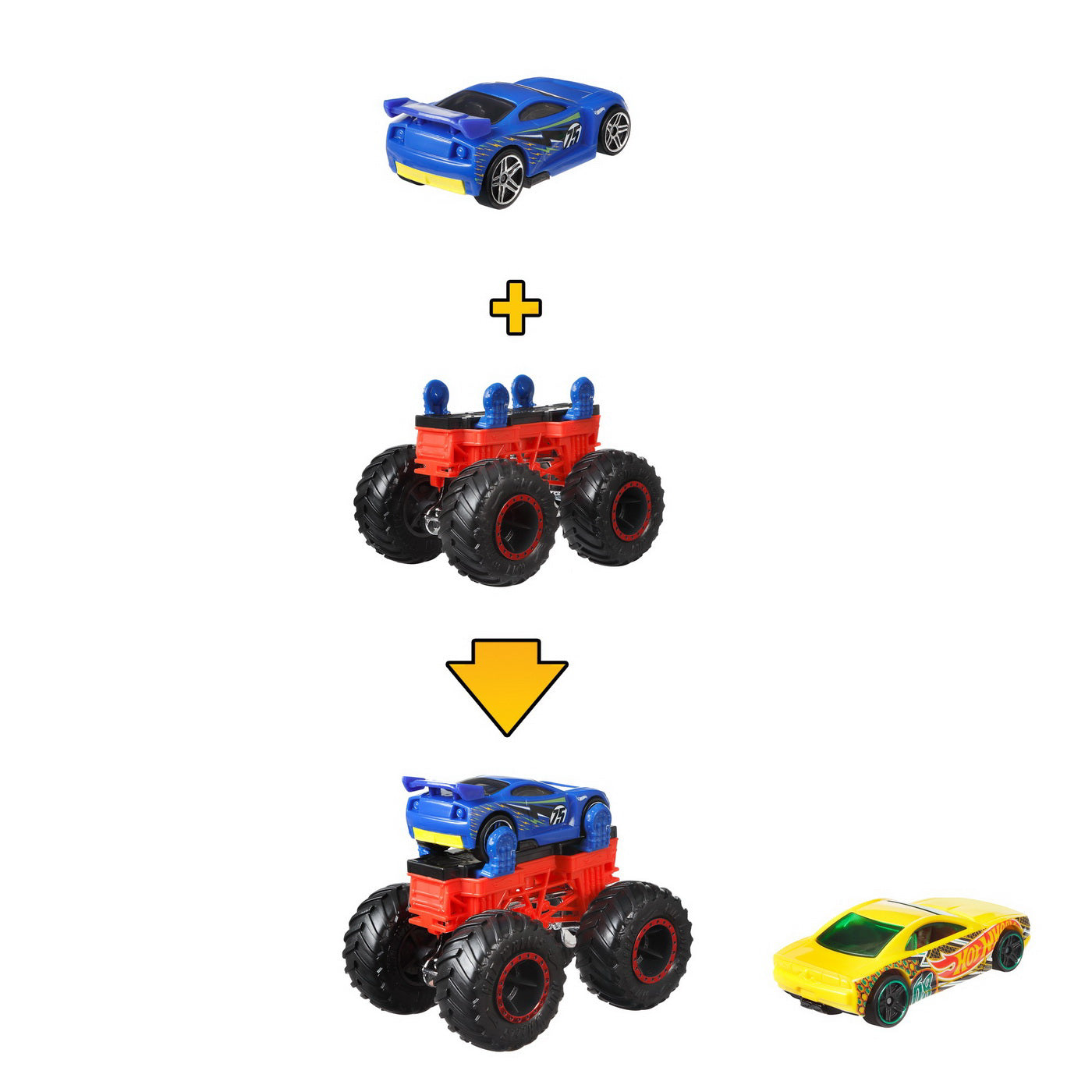HOT WHEELS MONSTER TRUCK CU MASINUTE GALBEN SI ALBASTRU
