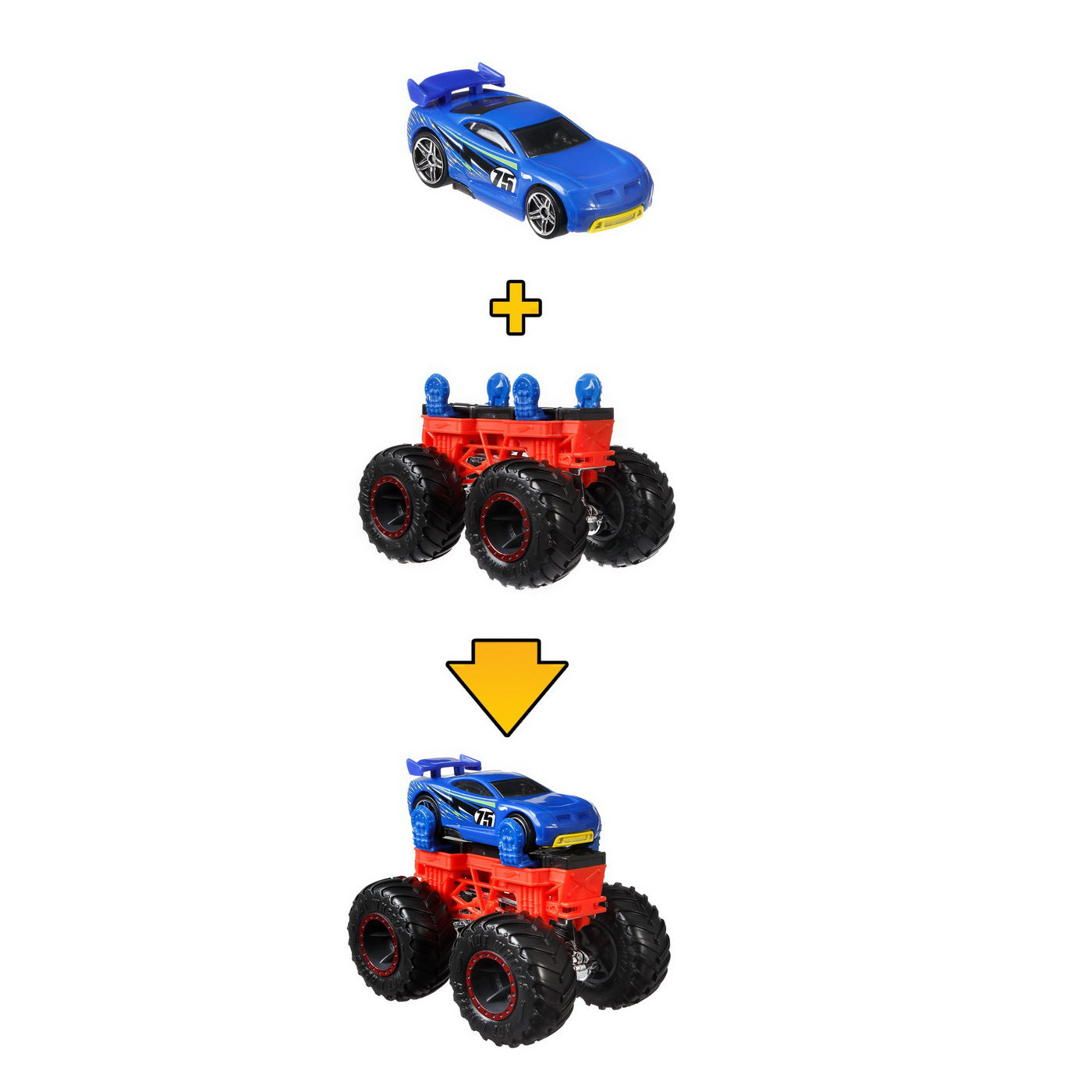 HOT WHEELS MONSTER TRUCK CU MASINUTE GALBEN SI ALBASTRU