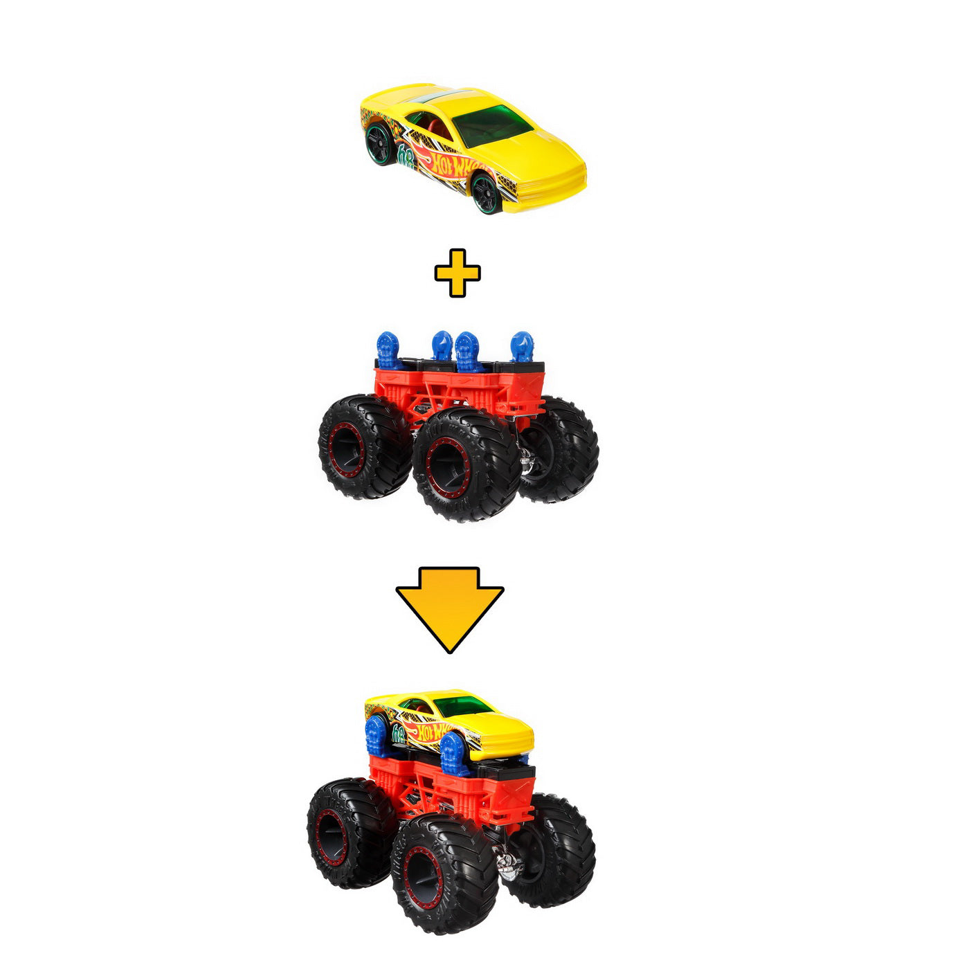 HOT WHEELS MONSTER TRUCK CU MASINUTE GALBEN SI ALBASTRU